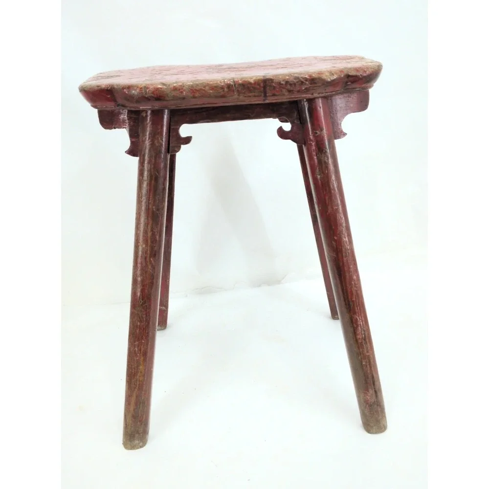 Antique Chinese Elm Red Painted Stool Chair Primitive 1900 Mortise Tenon Bench